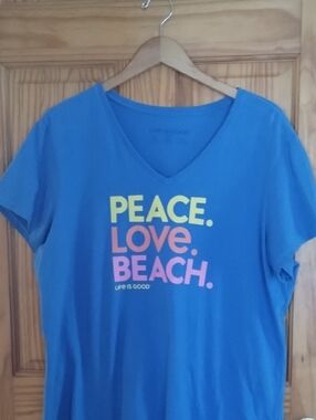 Life Is Good Blue V-Neck Tee with Multicolor 'Peace. Love. Beach.' Print